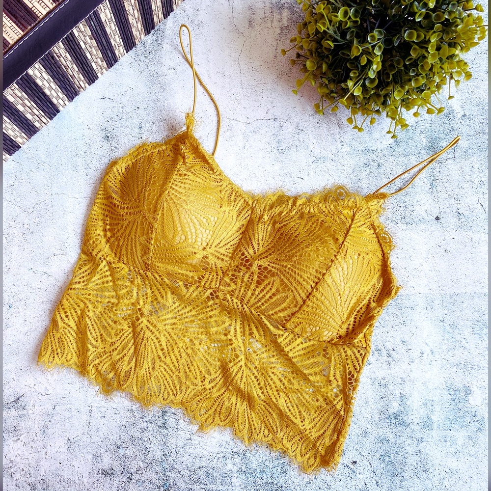 Yellow Spaghetti Straps VNeck Lace Padded Bralette